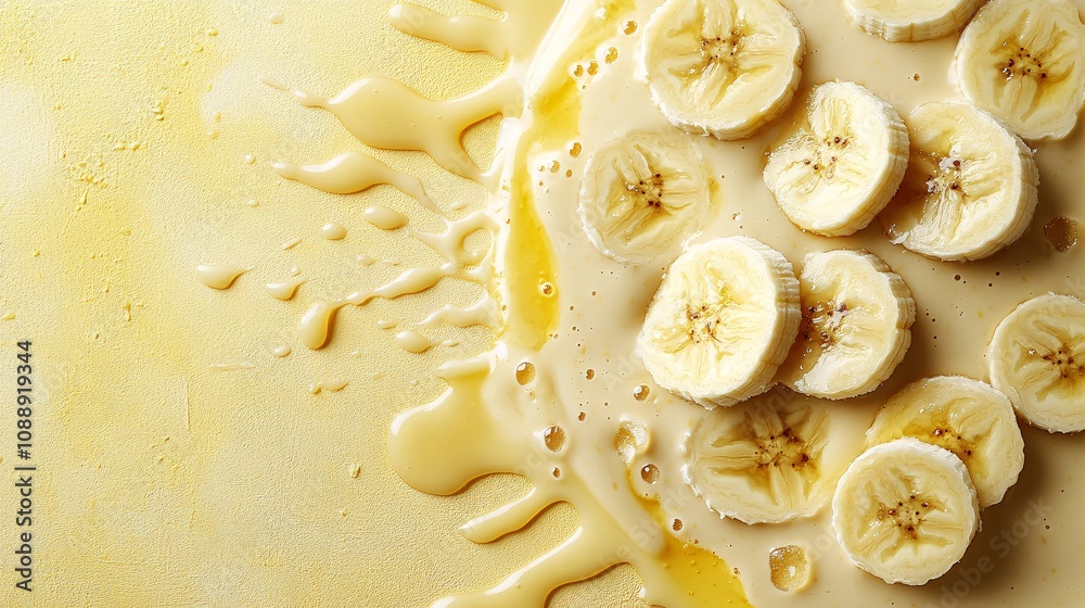 Poster 45-degree topview Isolated on background a creamy banana smoothie splashing energetically with banana slices and a touch of honey on a pastel yellow background with side empty space for text