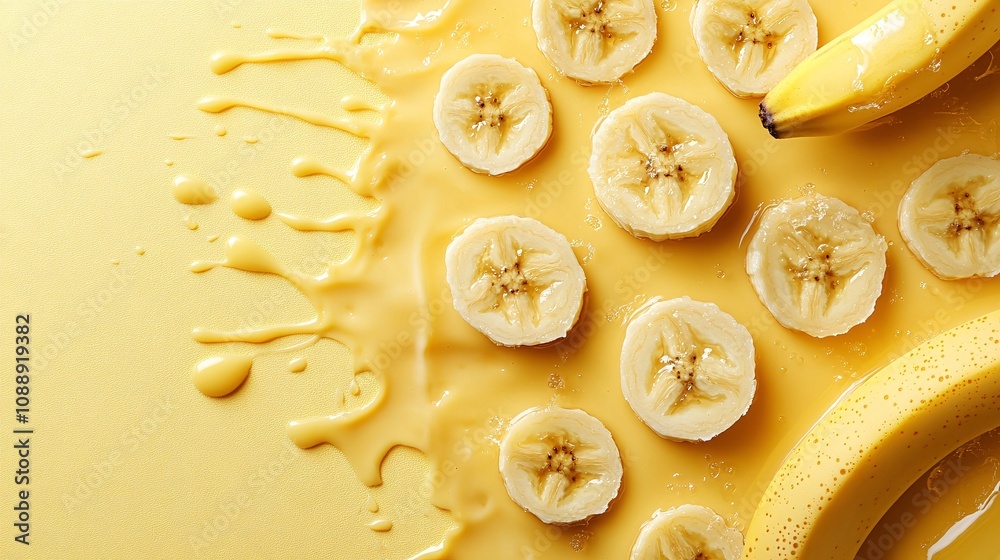 Aufkleber 45-degree topview Isolated on background a creamy banana smoothie splashing energetically with banana slices and a touch of honey on a pastel yellow background with side empty space for text