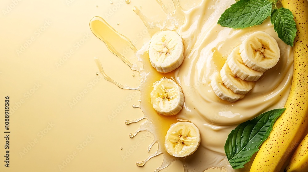 Fototapete 45-degree topview Isolated on background a creamy banana smoothie splashing energetically with banana slices and a touch of honey on a pastel yellow background with side empty space for text