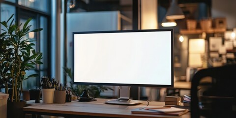 A creative workspace featuring a digital billboard mock-up displayed on a screen