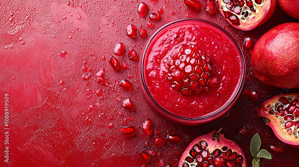 Fototapete 45-degree topview Isolated on background a rich pomegranate smoothie with a ruby red splash surrounded by scattered pomegranate seeds on a bold red background with side empty space for text
