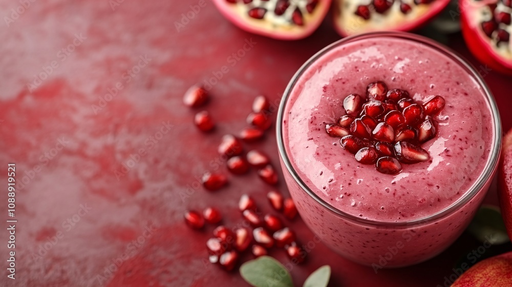 Poster 45-degree topview Isolated on background a rich pomegranate smoothie with a ruby red splash surrounded by scattered pomegranate seeds on a bold red background with side empty space for text