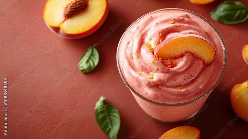 Fototapete 45-degree topview Isolated on background a luscious peach smoothie with a golden-orange splash accented by peach slices on a soft peach background with side empty space for text Stockphoto style