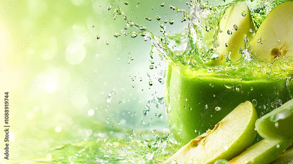 Poster 45-degree topview Isolated on background a refreshing green apple smoothie with a vibrant green splash paired with apple slices on a light green background with side empty space for text Stockphoto