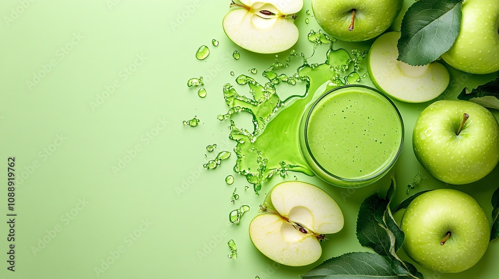 Poster 45-degree topview Isolated on background a refreshing green apple smoothie with a vibrant green splash paired with apple slices on a light green background with side empty space for text Stockphoto