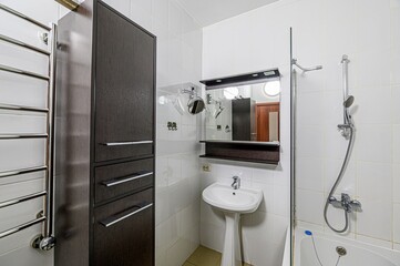 interior apartment room bathroom, sink, decorative elements, toilet. WC, sanitary unit, wash room