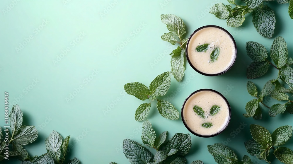 Aufkleber 45-degree topview isolated on background a cool mint smoothie with a frothy green splash framed by m