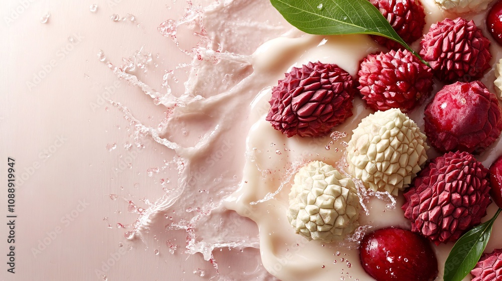 Leinwandbilder 45-degree topview Isolated on background a creamy lychee smoothie splashing softly with lychee fruit on a light pink background with side empty space for text Stockphoto style