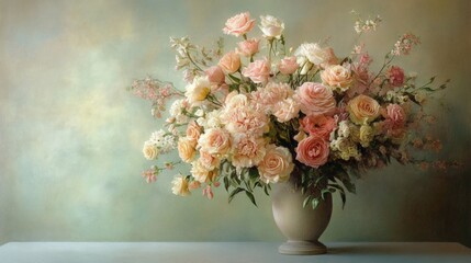 Naklejka premium Elegant flower arrangement in a minimalist vase, vibrant blooms showcasing colors, delicate petals, set against a soft light table, perfect for decor and inspiration.