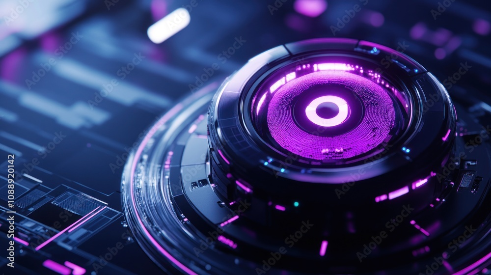 Poster A futuristic, glowing circular device with a high-tech aesthetic.