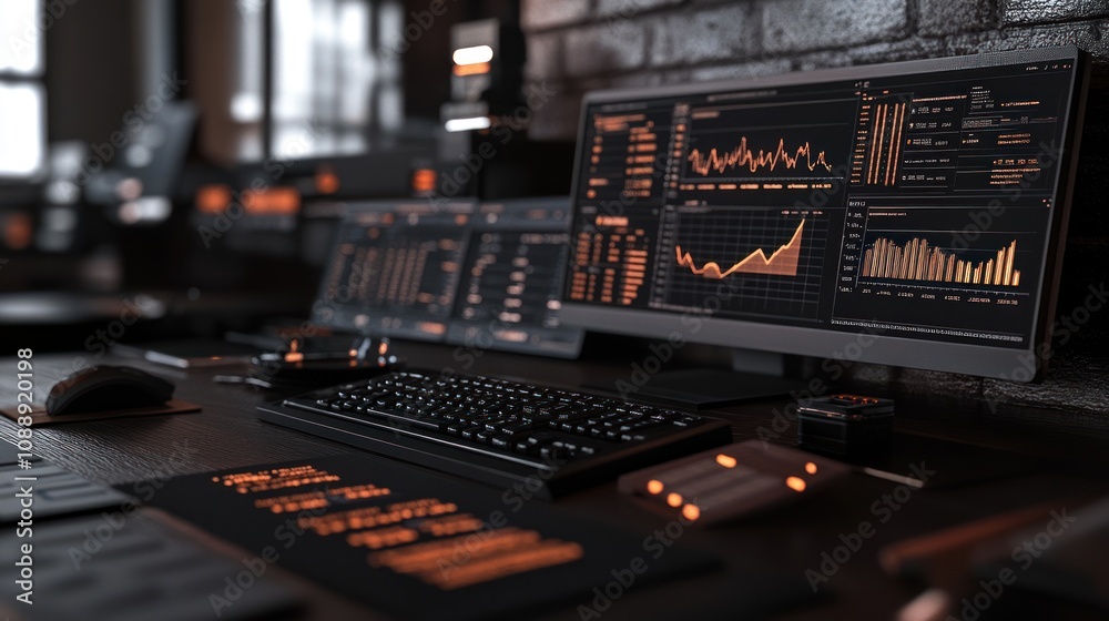 Fototapete A modern workspace featuring multiple screens displaying data analytics and graphs.