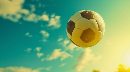 Fototapeta premium Soccer ball flying through the air during a fun outdoor activity on a sunny day, highlighting the joy and excitement of sports, game play, leisure, and teamwork in a grassy park under the bright sky