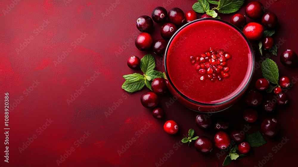 Fototapete 45-degree topview Isolated on background a tart cranberry smoothie with a bright red splash framed by fresh cranberries on a matching red background with side empty space for text Stockphoto style