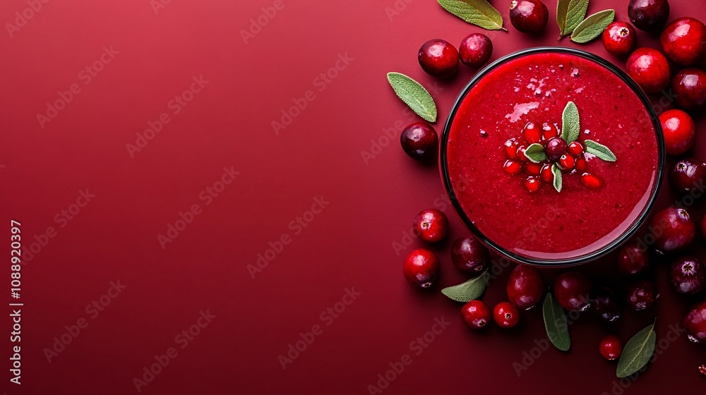 Poster 45-degree topview Isolated on background a tart cranberry smoothie with a bright red splash framed by fresh cranberries on a matching red background with side empty space for text Stockphoto style
