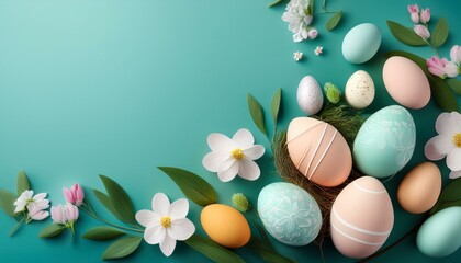 holiday easter background with eggs and flowers with copy space