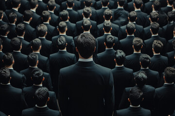 Fototapeta premium Aerial view of a large group of men in black suits, standing in a formation, showcasing uniformity and organization under soft lighting.