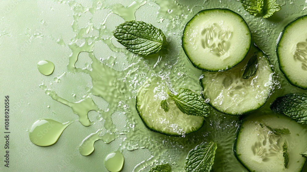 Poster 45-degree topview Isolated on background a refreshing cucumber smoothie splashing gently with cucumber slices and mint leaves on a soft green background with side empty space for text Stockphoto style