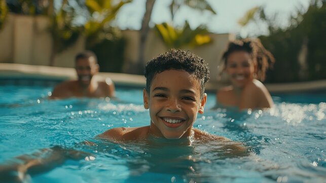 Family members share joyful moments swimming together in a vibrant pool under the sun