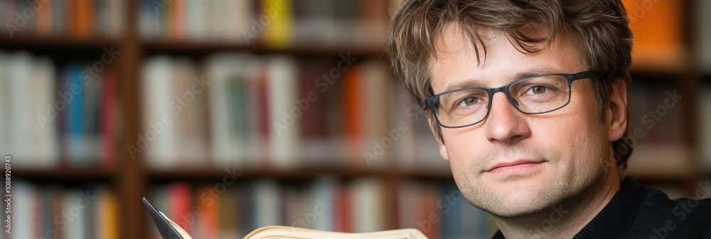Poster a person reading a book in a library setting, surrounded by shelves of books.