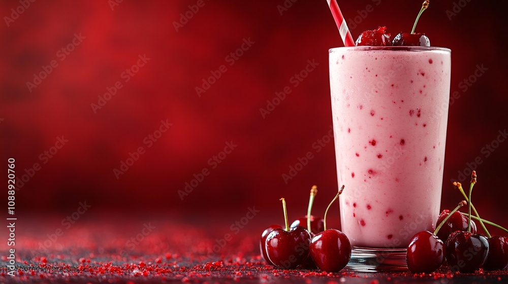 Fototapete 45-degree topview Isolated on background a vibrant cherry smoothie with a splash of red and cherries arranged naturally on a deep red background with side empty space for text Stockphoto style