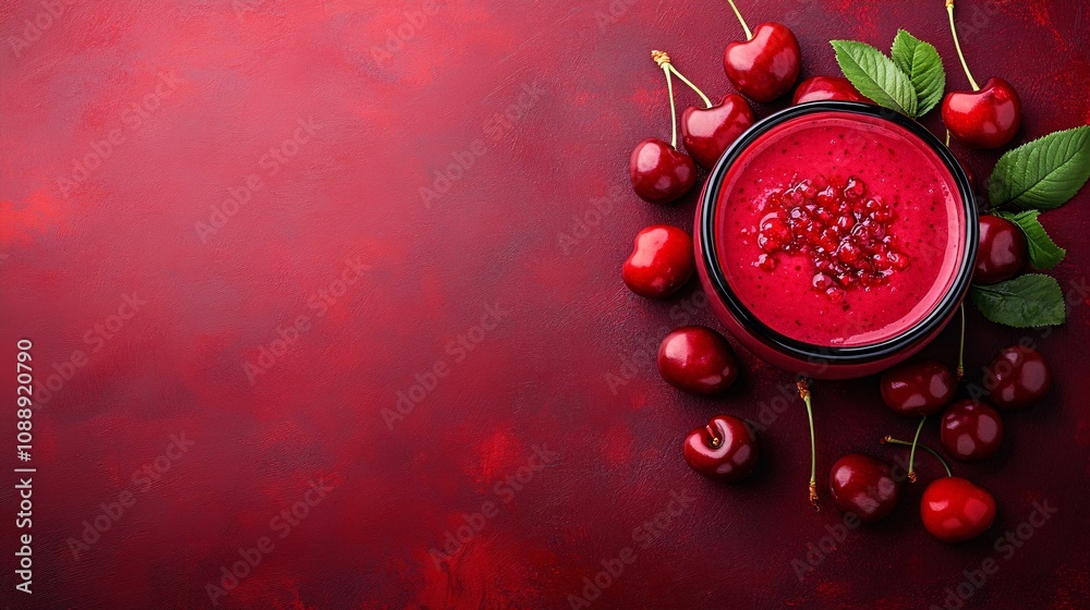 Poster 45-degree topview Isolated on background a vibrant cherry smoothie with a splash of red and cherries arranged naturally on a deep red background with side empty space for text Stockphoto style