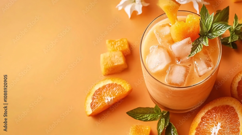 Fototapete 45-degree topview Isolated on background a creamy papaya smoothie with an orange splash and papaya chunks displayed on a tropical orange background with side empty space for text Stockphoto style