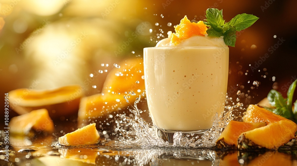 Poster 45-degree topview isolated on background a creamy papaya smoothie with an orange splash and papaya c