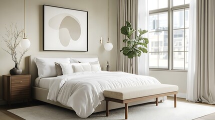 Luxurious Bedroom and Bathroom Interiors with Stylish Decor Elements, Modern Cityscape Views, and Elegant Design Accents