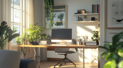 Over the shoulder view of a remote worker on a video call desk setup in a bright and modern apartment Copy space