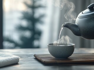 Elegant Teapot Pouring Hot Tea into a Matching Cup Cozy Kitchen Setting Warm Atmosphere Serene Relaxation Concept