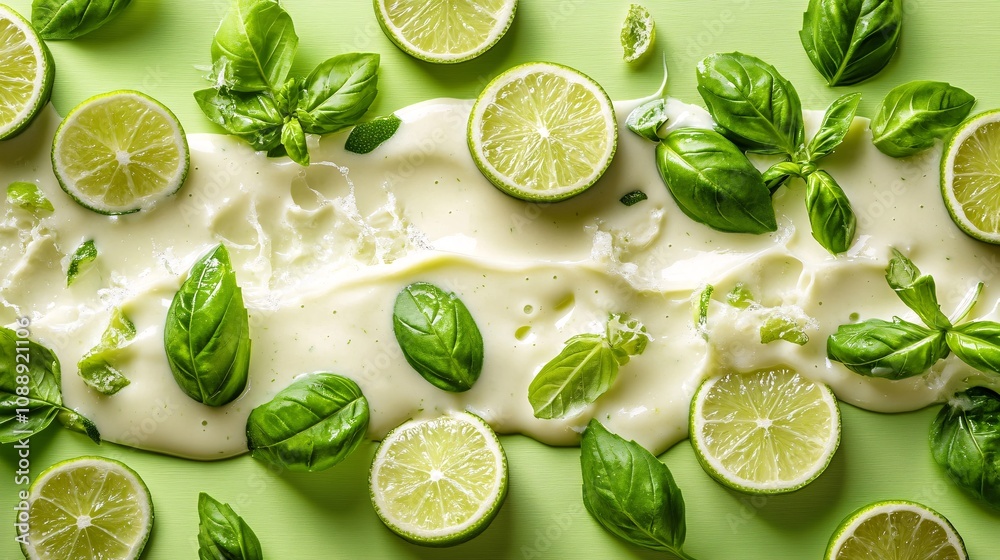 Leinwandbilder 45-degree topview Isolated on background a refreshing basil and lime smoothie splashing gently with basil leaves and lime slices on a fresh green background with side empty space for text Stockphoto