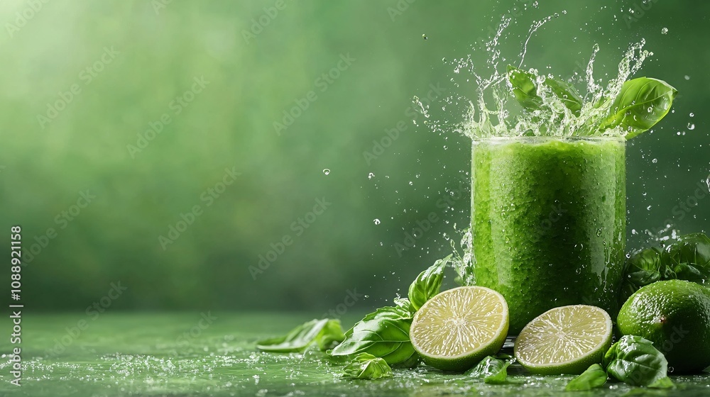 Fototapete 45-degree topview Isolated on background a refreshing basil and lime smoothie splashing gently with basil leaves and lime slices on a fresh green background with side empty space for text Stockphoto