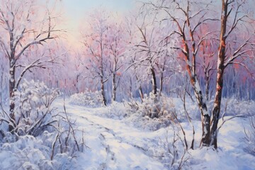Fototapeta premium Winter landscape painting outdoors woodland.