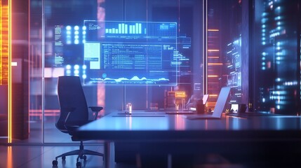 Futuristic Office with Holographic Balance Sheet Showcasing Real Time Business Finance Data