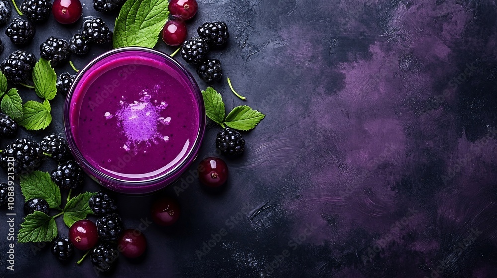 Poster 45-degree topview Isolated on background a vibrant blackcurrant smoothie with a bold purple splash framed by blackcurrants on a deep purple background with side empty space for text Stockphoto style