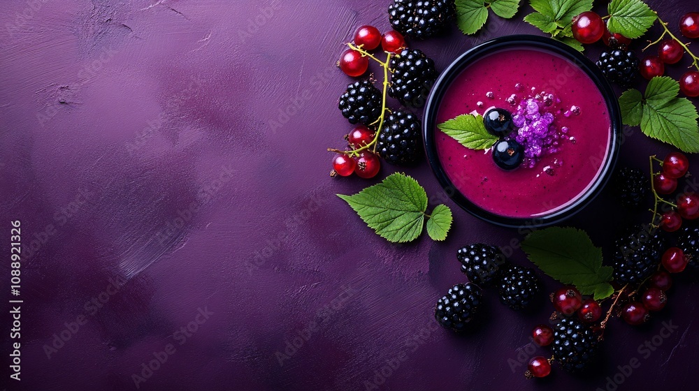Poster 45-degree topview isolated on background a vibrant blackcurrant smoothie with a bold purple splash f