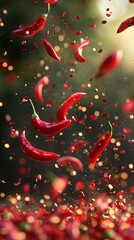 Red Chili Peppers Falling on a Blurred Background