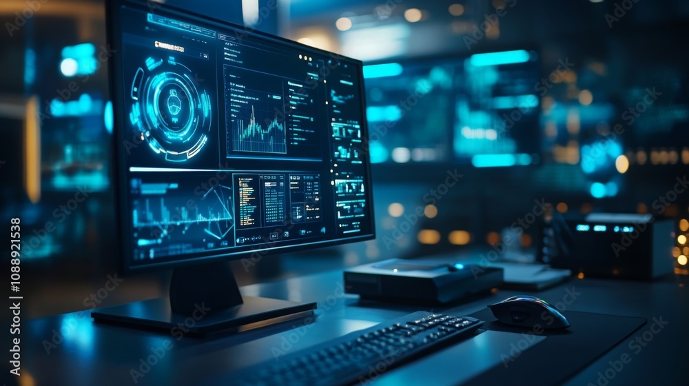Poster A desktop computer with a large monitor displaying various data graphs and figures. The screen is glowing brightly in a dark room.