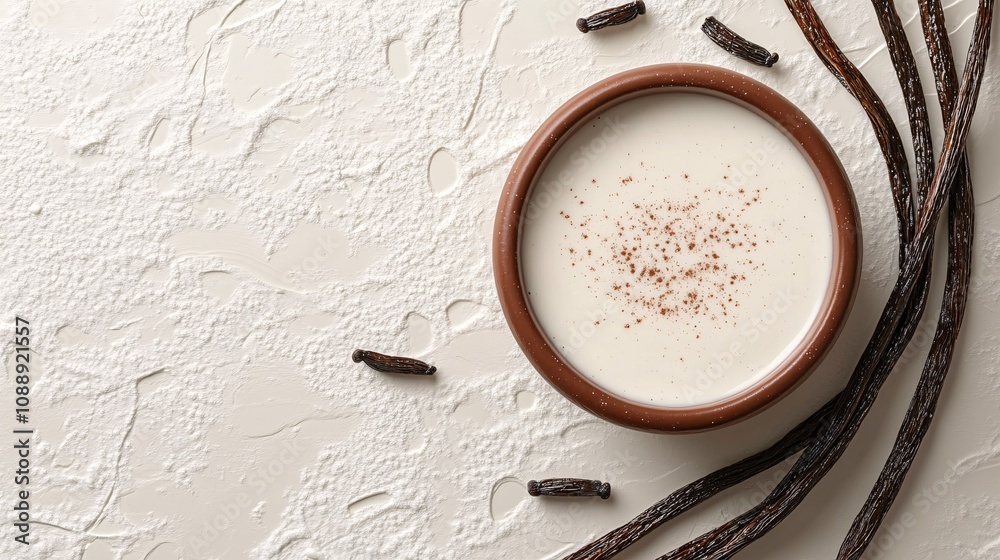 Poster 45-degree topview Isolated on background a creamy vanilla smoothie with a soft white splash accented by vanilla pods on an ivory background with side empty space for text Stockphoto style
