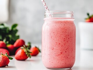 Refreshing Strawberry Smoothie Preparation in a Bright Kitchen Food Healthy Lifestyle Aesthetic Viewpoint for Wellness