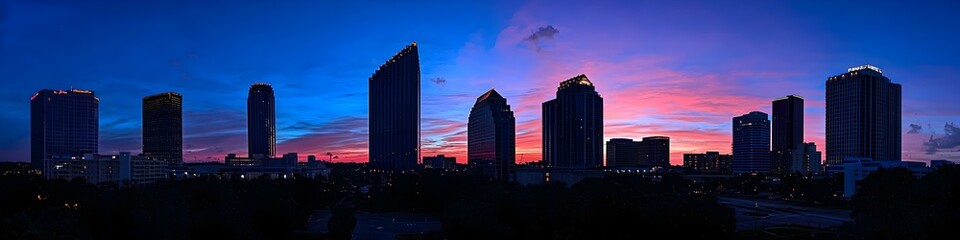 A vibrant cityscape of Florida at dusk, showcasing the iconic landmark with high-rise buildings . The sky is painted with hues of blue and purple as the sun sets behind them