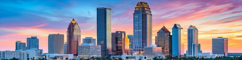A vibrant cityscape of Florida at dusk, showcasing the iconic landmark with high-rise buildings . The sky is painted with hues of blue and purple as the sun sets behind them