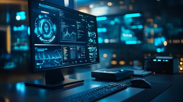 A desktop computer with a large monitor displaying various data graphs and figures. The screen is glowing brightly in a dark room.