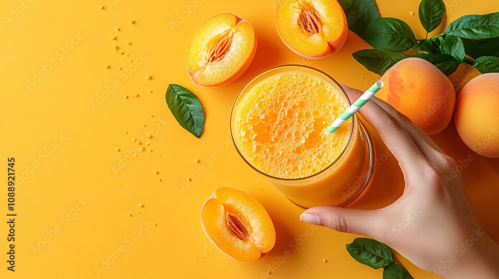 Fototapete 45-degree topview Isolated on background a fresh apricot smoothie with a pale orange splash surrounded by apricot slices on a soft orange background with side empty space for text Stockphoto style