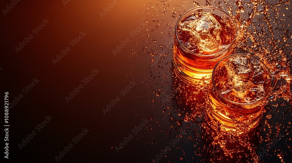 Fototapete 45-degree topview Isolated on background two beer glasses clinking with a golden liquid splash erupting from their rims on a deep amber background with side empty space for text Stockphoto style