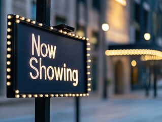 Illuminated Marquee Signboard Displaying Now Showing in Urban Environment Evening Scene Modern Cinema Concept