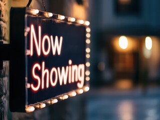 Marquee Signboard Displaying 'Now Showing' in Urban Evening Setting Cinematic Atmosphere Focused Viewpoint Advertising Concept