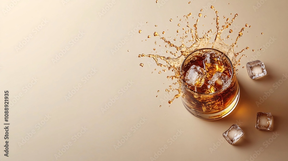 Poster 45-degree topview isolated on background a whiskey glass with rich golden-brown liquid splashing upw
