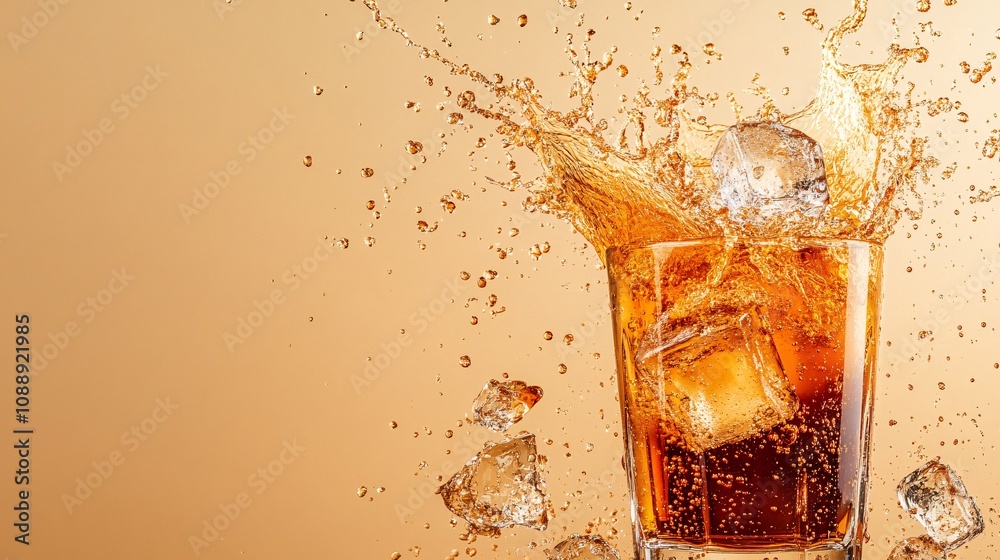 Poster 45-degree topview isolated on background a whiskey glass with rich golden-brown liquid splashing upw