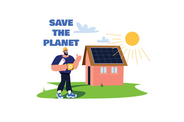 A man stands beside a house with solar panels, promoting environmental awareness while enjoying a sunny day. Vector illustration